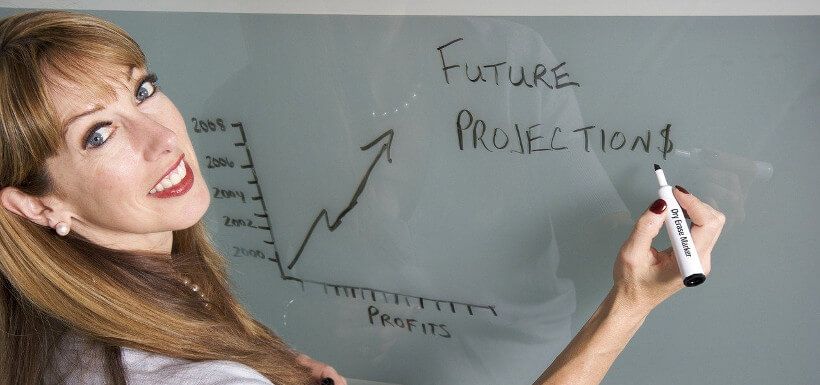 eine Frau zeichnet eine schematische Profit-Darstellung an ein Whiteboard